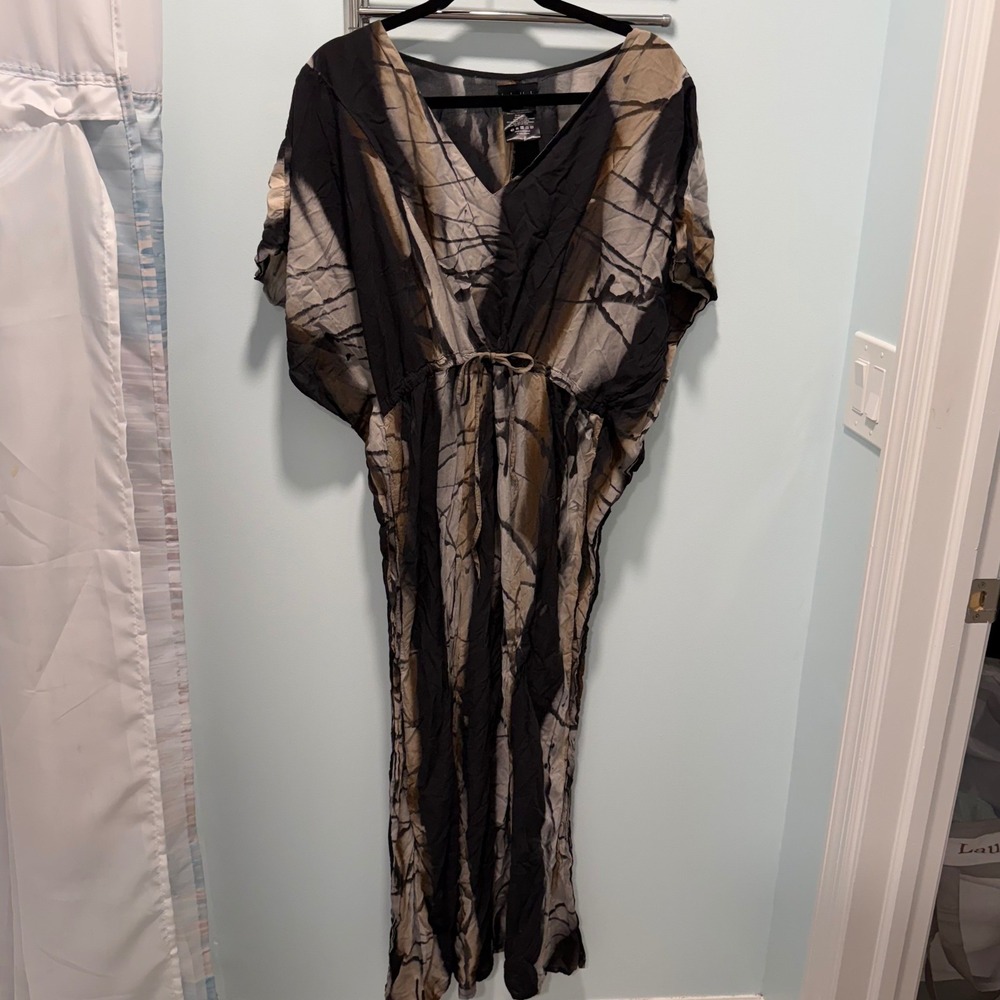Bamboo Blonde Maxi Dress Large Black Brown Tie Dye Rayon Drawstring Waist V-Neck
